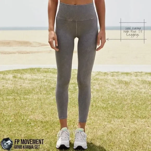 FP MOVEMENT GOOD KARMA SET: CROP TANK BRA + HIGH RISE LEGGINGS IN GREY PURPLE - Picture 9 of 16